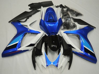 Descuento Carenado Moto Suzuki GSXR 600 / GSXR 750 2006-2007 - Blanco Azul Negro Brillante Raya