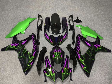Descuento Carenados Moto Suzuki GSXR 600 / GSXR 750 2008-2010 - Negro Brillante Verde Púrpura Llama