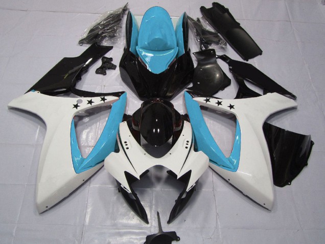 Descuento Carenados Moto Suzuki GSXR 600 / GSXR 750 2006-2007 - Azul Claro Blanco Negro Brillante Estrella