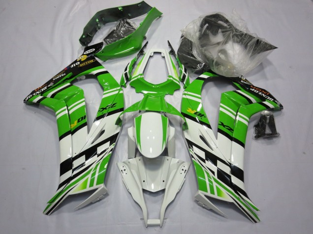 Descuento Carenado Moto Kawasaki ZX10R 2011-2015 - Blanco Verde Amarillo Negro Maxxis Dunlop