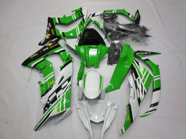 Descuento Carenados Moto Kawasaki ZX10R 2011-2015 - Blanco Verde Amarillo Negro Maxxis Dunlop