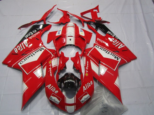Descuento Carenados Moto Ducati 848 1098 1198 2007-2014 - Blanco Rojo Negro Brillante Marlboro Alice
