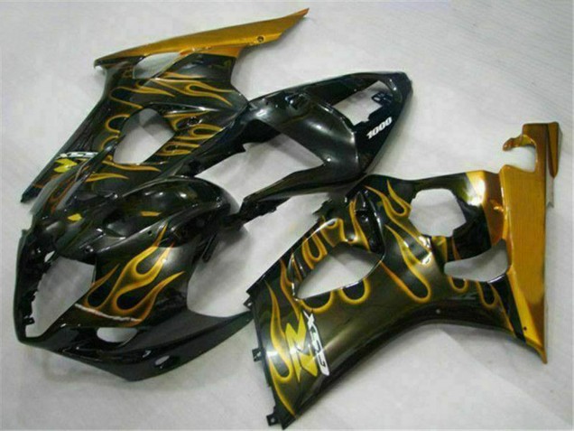 Descuento Carenados Moto Suzuki GSXR 1000 2003-2004 - Negro Brillante Oro Llama