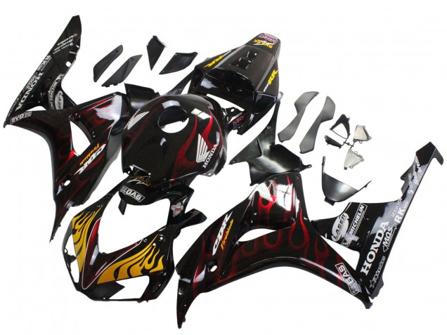 Descuento Carenados Moto Honda CBR1000RR 2006-2007 - Negro Brillante Amarillo Rojo Llama