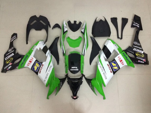 Descuento Carenados Moto Kawasaki ZX10R 2008-2010 - Blanco Verde Negro Brillante Motul Neos Banca Petas
