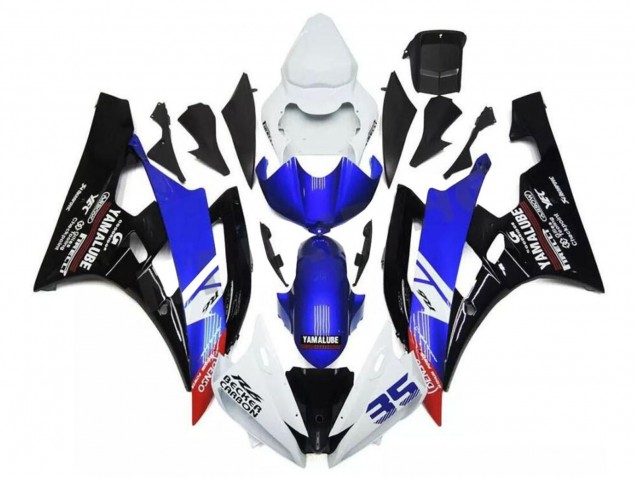 Descuento Carenados Moto Yamaha YZF R6 2006-2007 - Blanco Azul Negro Brillante Yamalube Becker Carbon