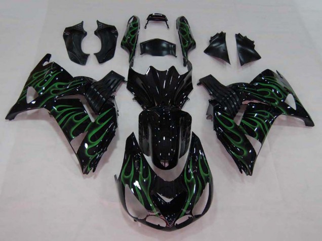 Descuento Carenado Moto Kawasaki ZX14R ZZR1400 2006-2011 - Negro Brillante Verde Llama