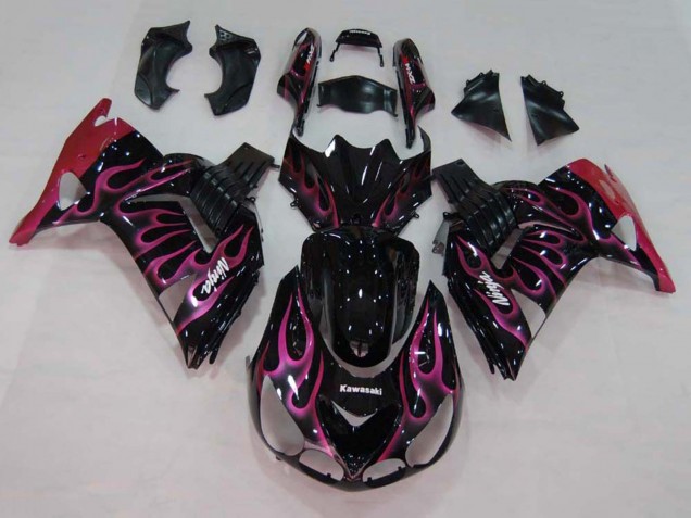 Descuento Carenados Moto Kawasaki ZX14R ZZR1400 2006-2011 - Negro Brillante Rojo Rosa Llama