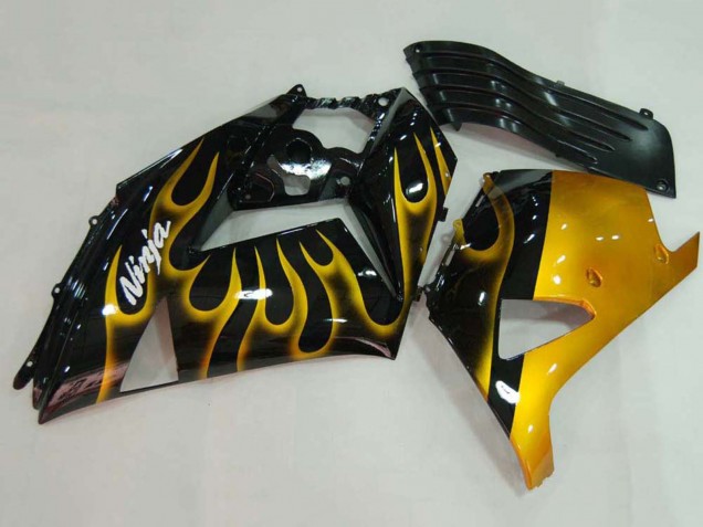 Descuento Carenados Moto Kawasaki ZX14R ZZR1400 2006-2011 - Negro Brillante Oro Llama