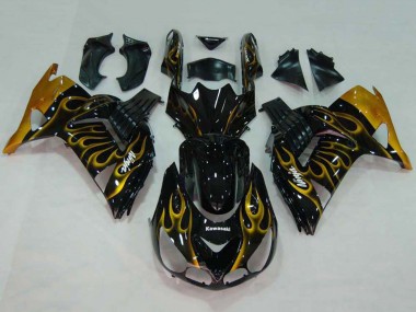 Descuento Carenados Moto Kawasaki ZX14R ZZR1400 2006-2011 - Negro Brillante Oro Llama