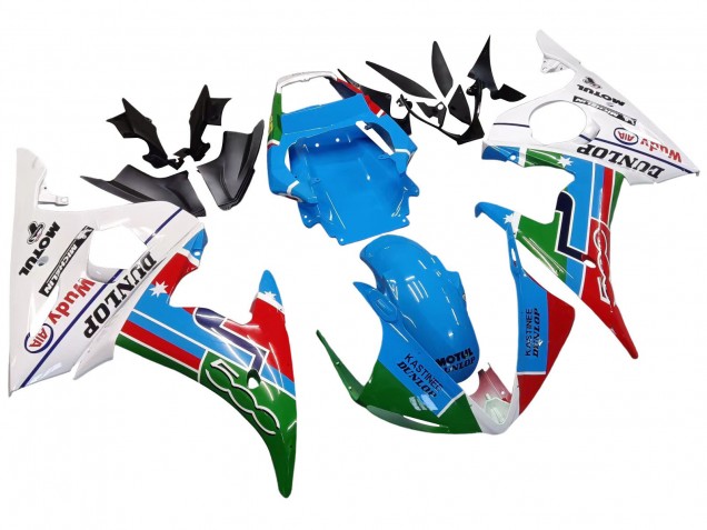 Descuento Carenados Moto Yamaha YZF R6 2003-2004 - Blanco Azul Verde Rojo Kastinee Dunlop Motul