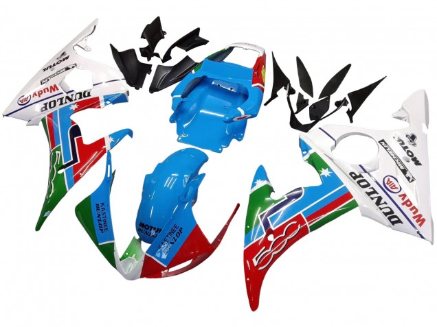 Descuento Carenados Moto Yamaha YZF 600 R6 2005 - Azul Claro Blanco Verde Rojo Kastinee Dunlop Motul