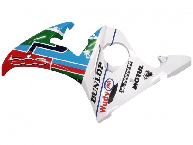Descuento Carenados Moto Yamaha YZF 600 R6 2005 - Azul Claro Blanco Verde Rojo Kastinee Dunlop Motul