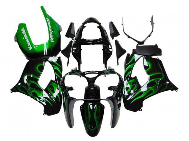 Descuento Carenados Moto Kawasaki ZX9R 2000-2001 - Negro Brillante Verde Llama Blanco