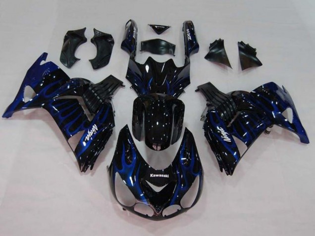 Descuento Carenados Moto Kawasaki ZX14R ZZR1400 2006-2011 - Negro Brillante Azul Llama