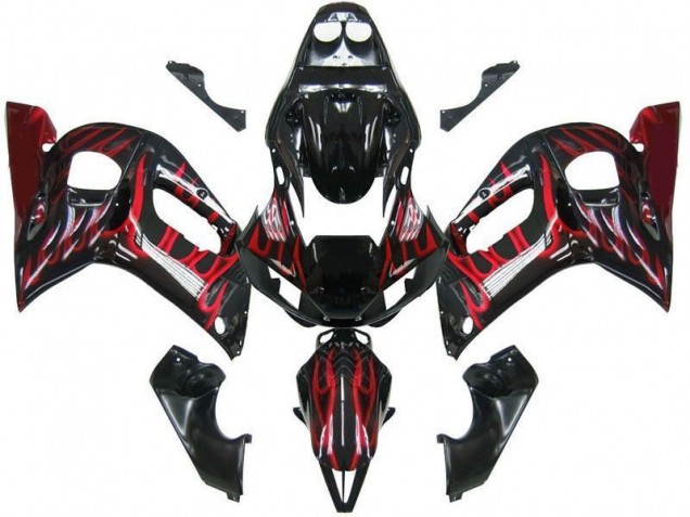 Descuento Carenados Moto Yamaha YZF 600 R6 1998-2002 - Negro Brillante Rojo Llama