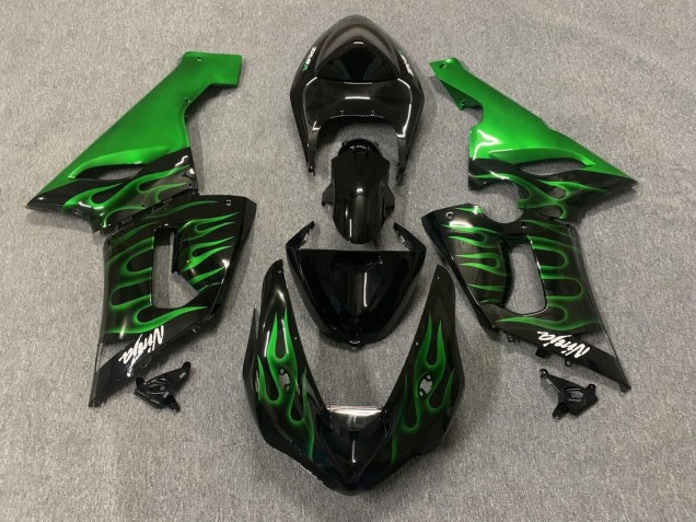 Descuento Carenados Moto Kawasaki ZX6R 2005-2006 - Negro Brillante Verde Llama