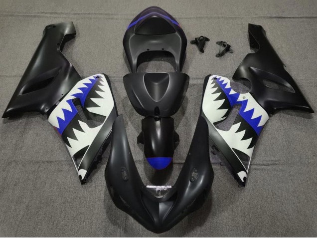Descuento Carenados Moto Kawasaki ZX6R 2005-2006 - Negro Mate Blanco Azul Tiburón