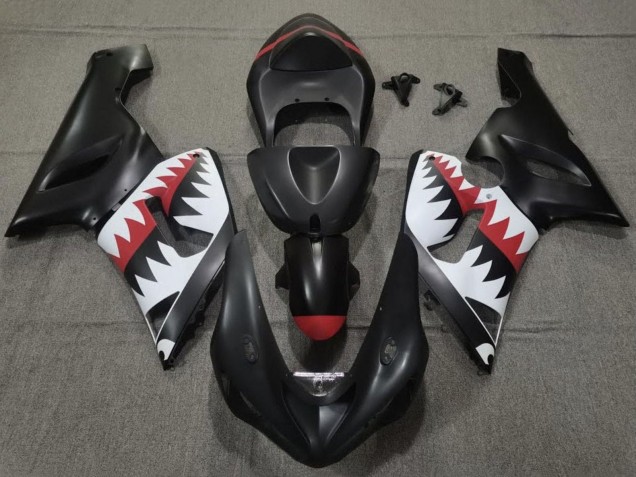 Descuento Carenados Moto Kawasaki ZX6R 2005-2006 - Negro Mate Blanco Rojo Tiburón