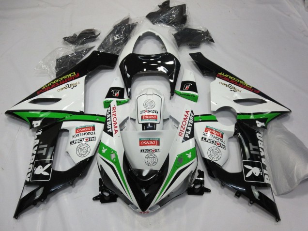 Descuento Carenados Moto Kawasaki ZX6R 2005-2006 - Blanco Negro Verde Rojo Rizoma Playboy