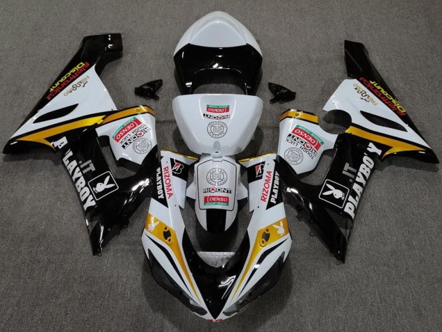 Descuento Carenados Moto Kawasaki ZX6R 2005-2006 - Blanco Negro Oro Rojo Rizoma Playboy