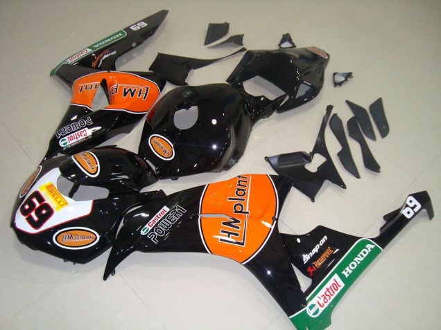 Descuento Carenados Moto Honda CBR1000RR 2006-2007 - Negro Brillante Naranja Verde Hm Plant Carrera 69
