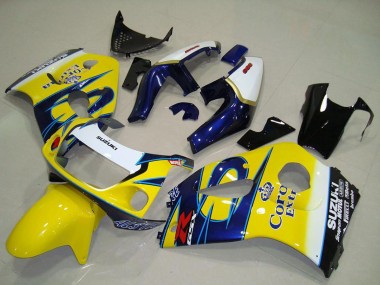 Descuento Carenados Moto Suzuki GSXR 600 1996-2000 - Blanco Amarillo Azul Corona