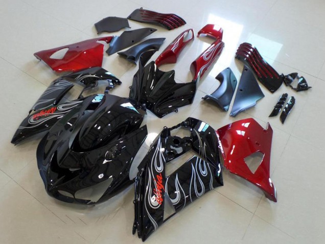 Descuento Carenados Moto Kawasaki ZX14R ZZR1400 2006-2011 - Rojo Negro Brillante Plata Llama