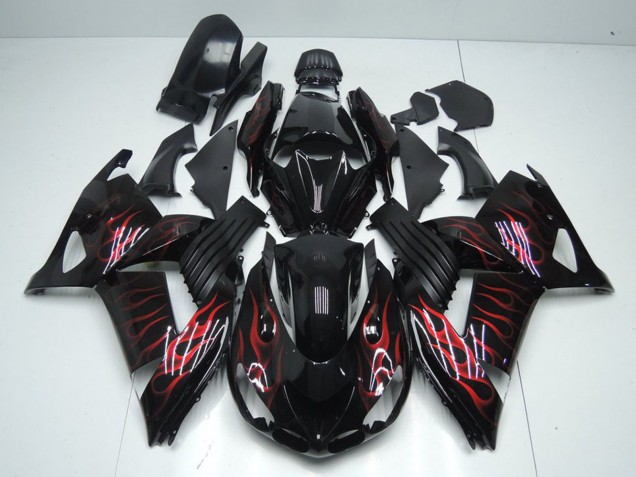 Descuento Carenados Moto Kawasaki ZX14R ZZR1400 2006-2011 - Negro Brillante Rojo Llama