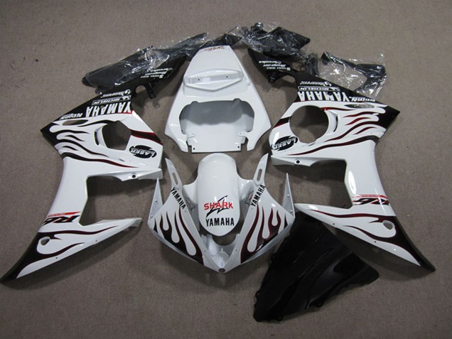 Descuento Carenados Moto Yamaha YZF R6 2003-2004 - Blanco Negro Brillante Llama Tiburón
