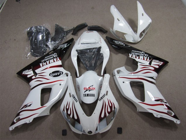 Descuento Carenados Moto Yamaha YZF R1 1998-1999 - Blanco Negro Brillante Rojo Llama Tiburón