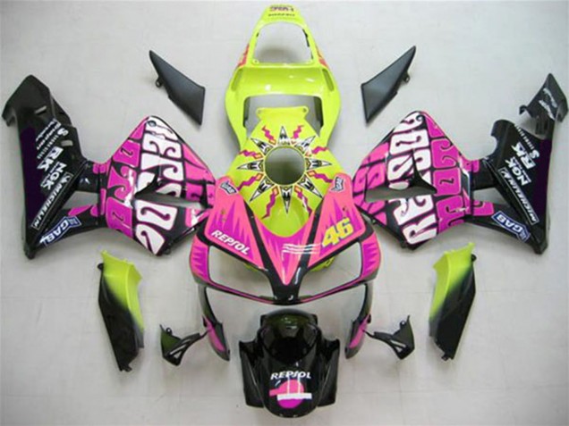 Descuento Carenados Moto Honda CBR600RR 2003-2004 - Amarillo Rosa Negro Brillante Valentino Rossi