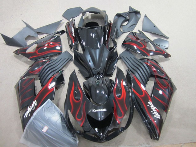 Descuento Carenado Moto Kawasaki ZX14R ZZR1400 2006-2011 - Negro Brillante Rojo Llama