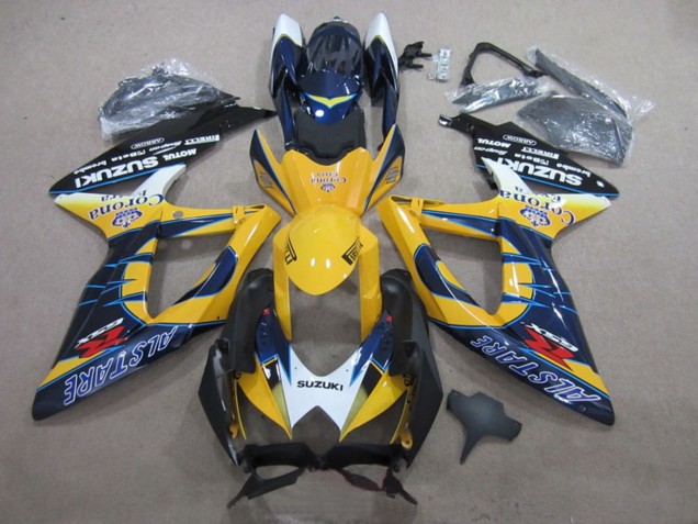 Descuento Carenados Moto Suzuki GSXR 600 2008-2010 - Blanco Amarillo Azul Alstare Corona Extra