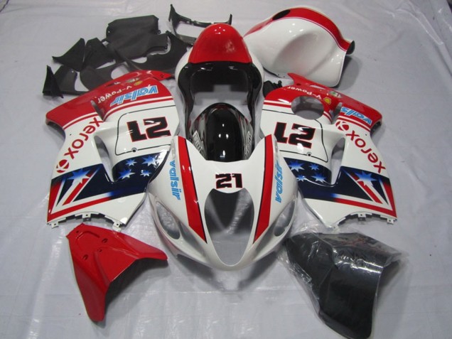 Descuento Carenados Moto Suzuki GSXR 1300 Hayabusa 1996-2007 - Blanco Rojo Azul Xerox 21